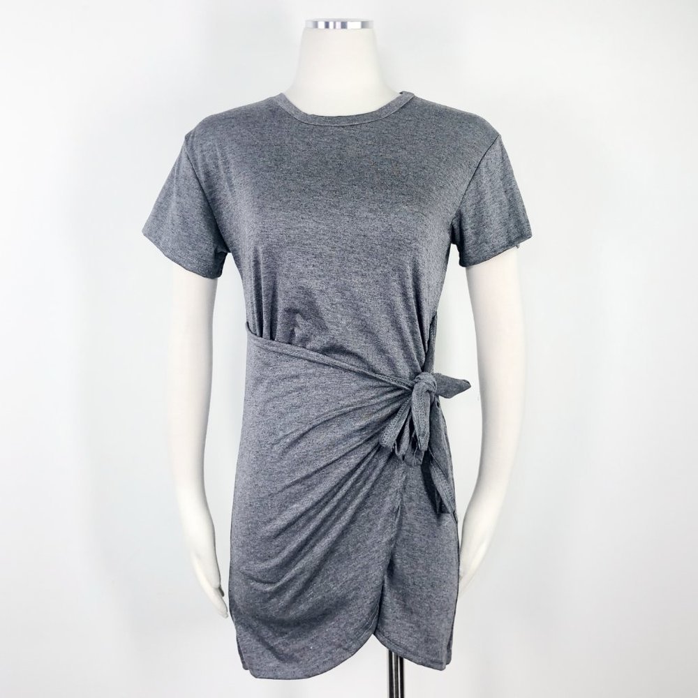 Grey Faux Wrap Mini Dress Short Sleeve Crew Tee EU
